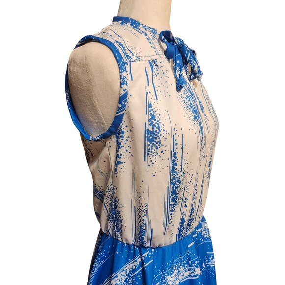 Vintage 70s Women's Size 12 Blue White Sleeveless Polyester Dress Bow Tie Neck - Picture 3 of 8